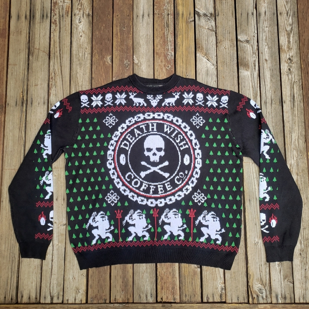 Death Wish Coffee Co. Ugly Christmas Sweater W/ Skull, Krampus, Reindeer - 4XL